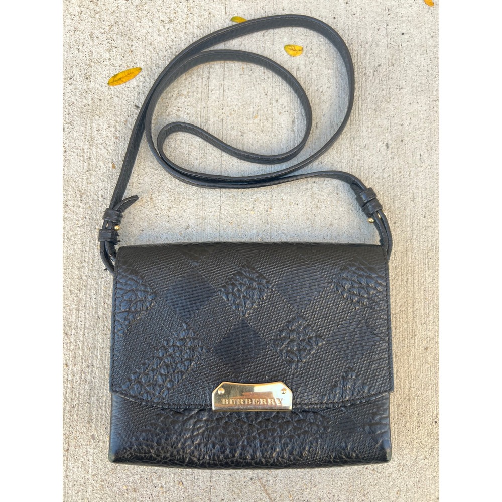 Burberry Black Signature Grain Leather Check Embossed Langley Crossbody Bag